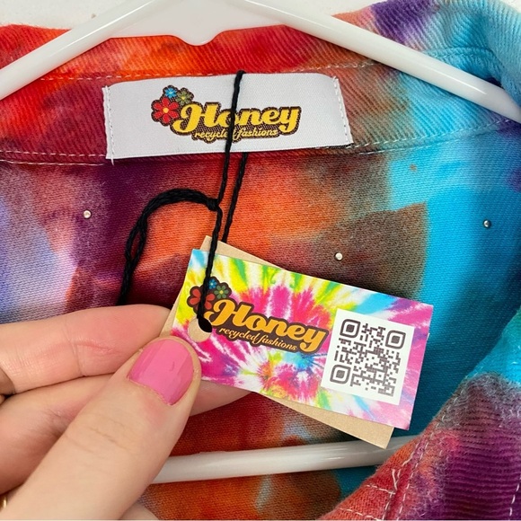 Handmade Tie Dye Jean Jacket Shacket Womens Size Large XL Upcycled Pearl Pockets - Picture 11 of 14